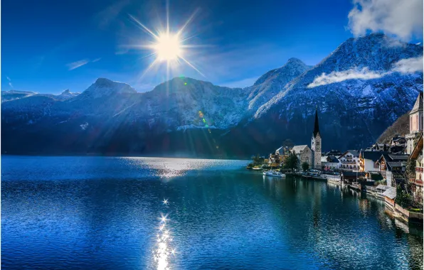 Горы, город, озеро, Австрия, Альпы, Hallstatt, памятник ЮНЕСКО, коммуна