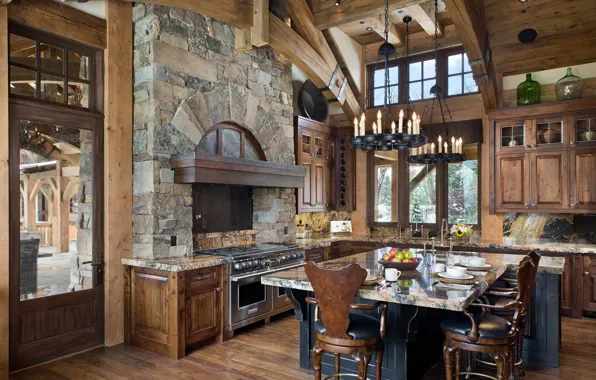 Картинка metal, stone, wood, home, Montana, kitchen, Big Sky