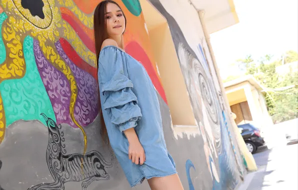 Wall, graffiti, hot girl, brown hair, outside, building, exotic, posing