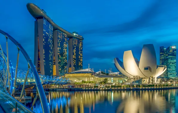 Ночь, мост, огни, дома, Сингапур, отель