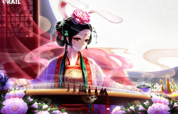 Картинка цветы, Девушка, кимоно, уши, заколки, кото