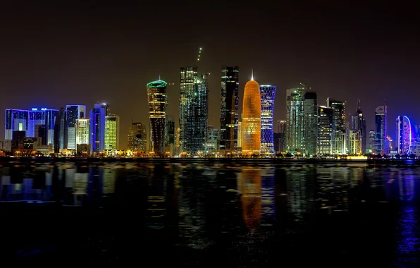 Картинка ночь, город, огни, здания, небоскребы, подсветка, залив, Qatar