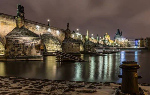 Ночь, мост, огни, река, дома, Прага, Чехия, фонари