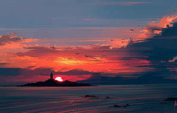 Картинка море, солнце, закат, маяк, Aenami, Alena Aenami, Close to the Sun, Алёна Величко