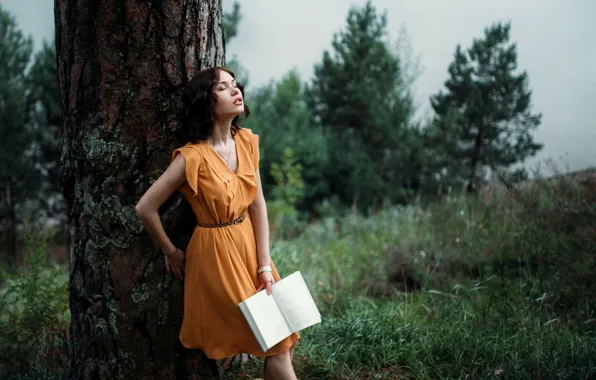 Картинка девушка, дерево, книга