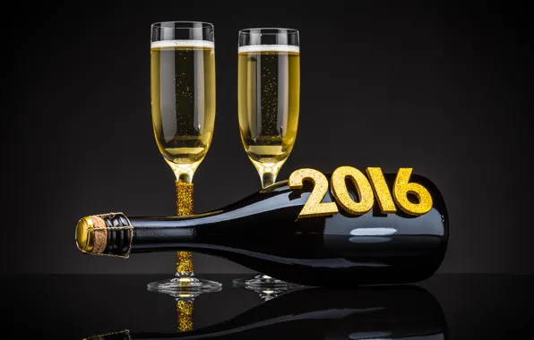 Бутылка, Новый Год, бокалы, golden, шампанское, New Year, Happy, champagne