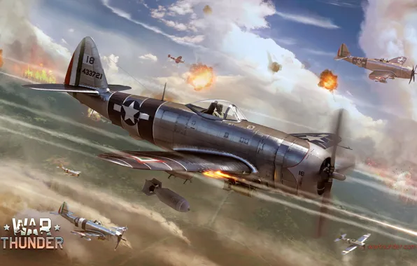 Картинка небо, огонь, война, истребитель, бомбардировщик, Арт, американский, Thunderbolt