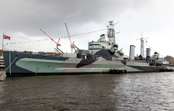 Картинка Англия, Лондон, крейсер, британский, река Темза, лёгкий, HMS Belfast, пришвартованный навечно между Тауэрским и Лондонским …