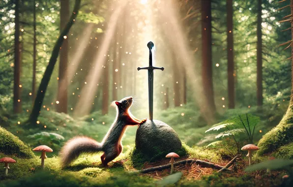 Sword, forest, magic, wood, stones, squirrel, fictional, AI art