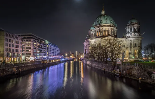 Картинка ночь, город, огни, река, здания, Германия, Берлин