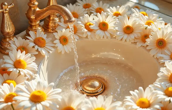 Лето, вода, свет, цветы, ромашки, кран, утро, раковина