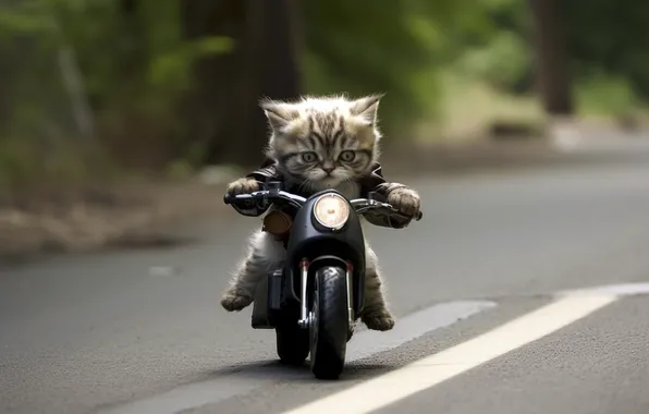 Кошка, Котенок, Мотоцикл, Креатив, Малыш, Цифровое искусство, Байкер, ИИ-арт