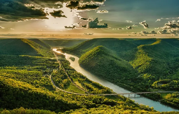 Картинка дорога, лес, небо, солнце, облака, деревья, пейзаж, закат