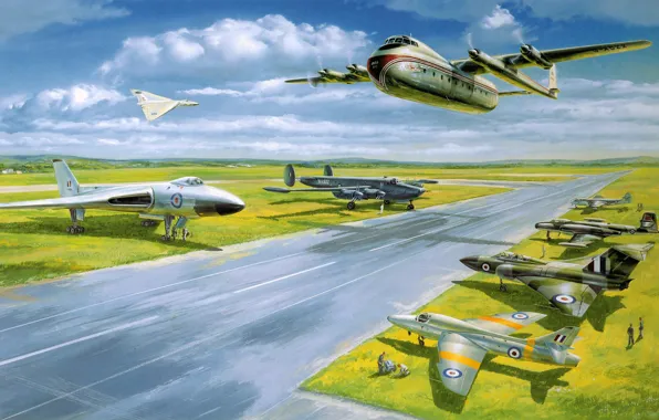 Картинка авиация, рисунок, Самолеты, истребители, аэродром, ВВС Великобритании