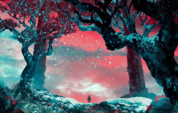 Лес, Воин, Red, Warrior, Forest, Sekiro, Sekiro: Shadows Die Twice