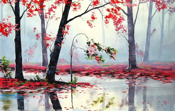 Картинка осень, деревья, красный, река, art