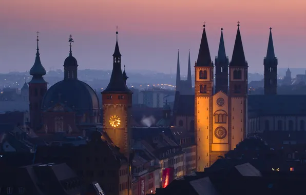 Рассвет, дома, утро, Германия, Бавария, панорама, Вюрцбург