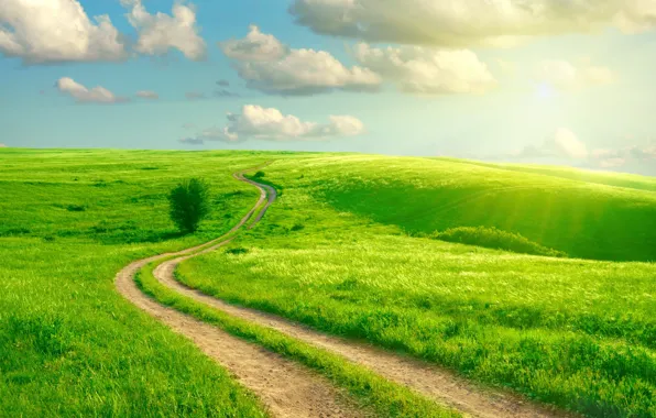 Картинка дорога, зелень, поле, небо, трава, облака, колея, лучи солнца