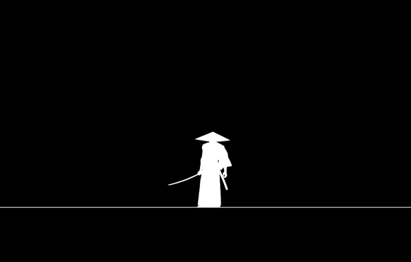 Картинка sword, minimalism, weapon, hat, line, katana, man, black background