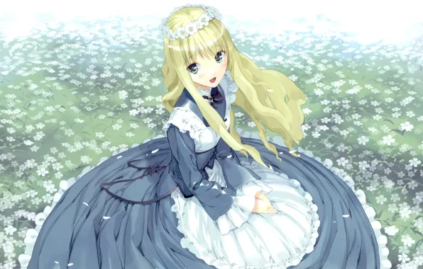 Девочка, венок, art, фартук, alice in wonderland, голубое платье, цветник, ueda ryou