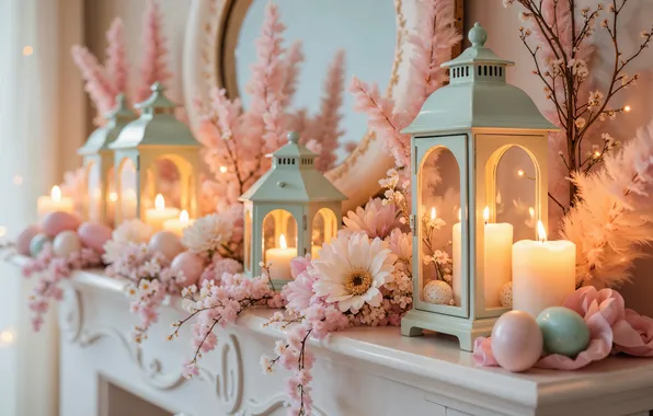 Цветы, яйца, свечи, Пасха, pink, blossom, flowers, Easter