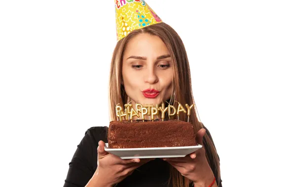 Девушка, свечи, губы, торт, happy birthday, День рождения