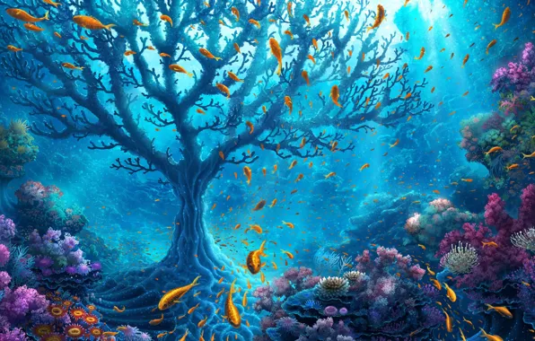 Colorful, fantasy, sea, ocean, water, flowers, tree, harmony