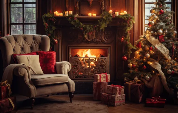Картинка украшения, комната, шары, елка, интерьер, кресло, Новый Год, Рождество