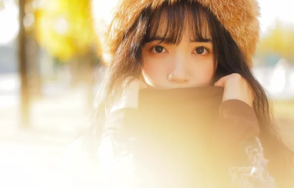 Asian, Model, pretty, Woman, Hat, Fur, Outdoor, Close Up