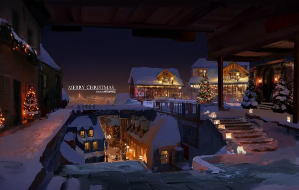 Картинка зима, город, елка, Рождество