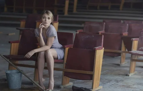 Поза, модель, уборка, ведро, зал, ножки, красотка, model