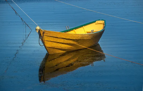 Water, lake, reflection, boat, ropes