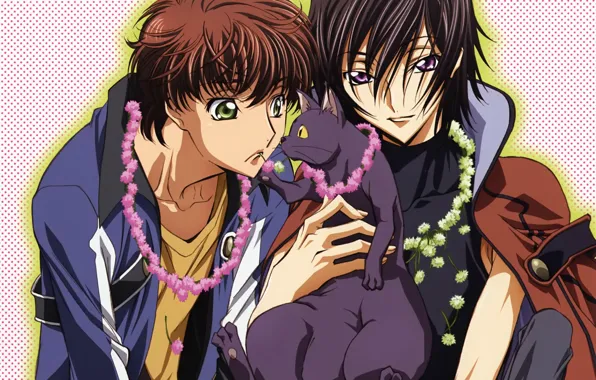 Цветы, черный кот, code geass, код гиас, венки, suzaku kururugi, lelouche lamperouge, by takahiro himura