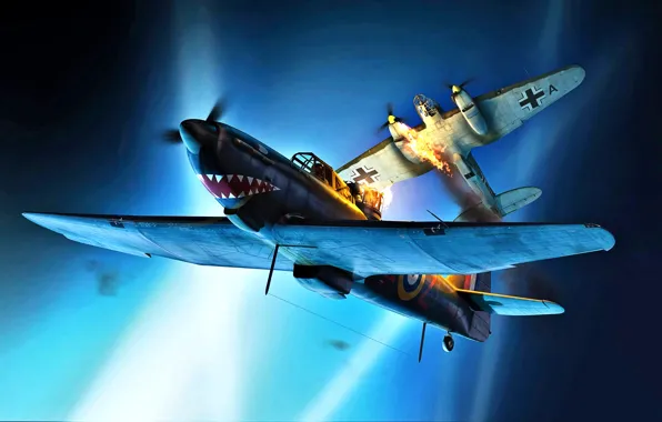 Картинка ночь, бомбардировщик, He 111, Вторая Мировая война, лучи от прожекторов, Defiant, Bolton Paul Defiant NF.I