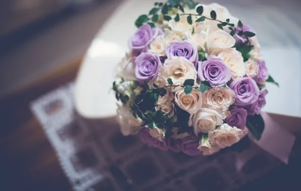 Картинка цветы, розы, букет, фиолетовые, белые, сиреневые, свадебный