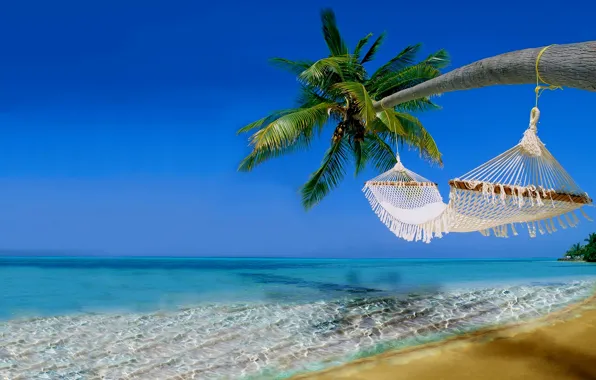 Картинка песок, море, пляж, небо, вода, пейзаж, природа, пальмы