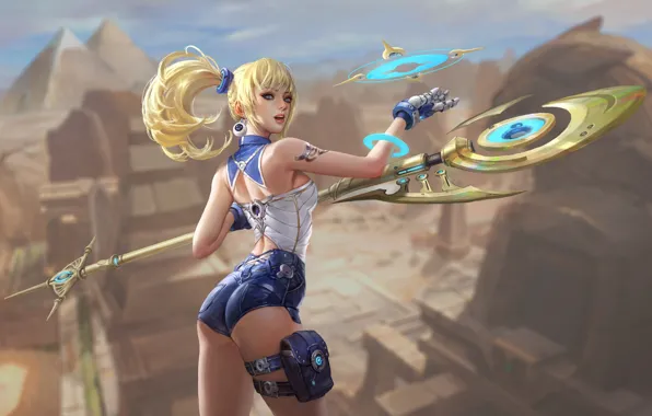 Девушка, Блондинка, Стиль, Girl, Fantasy, Боец, Посох, Красотка