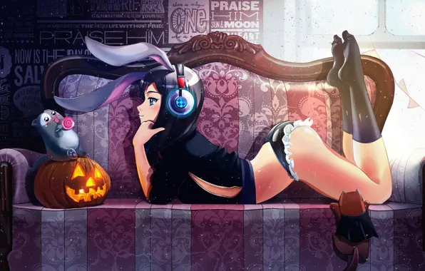 Девушка, музыка, комната, аниме, наушники, арт, Halloween, тыква