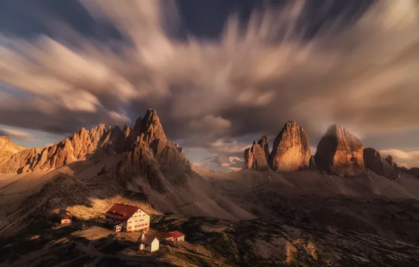 Картинка небо, облака, пейзаж, горы, природа, дома, Италия, доломиты