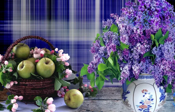 Картинка яблоки, натюрморт, сирень