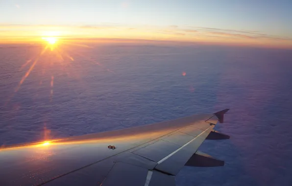 Картинка небо, закат, Солнце, крыло, полёт, самолёт