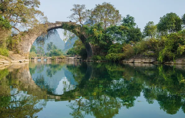 Картинка деревья, мост, озеро, отражение, круг, арка