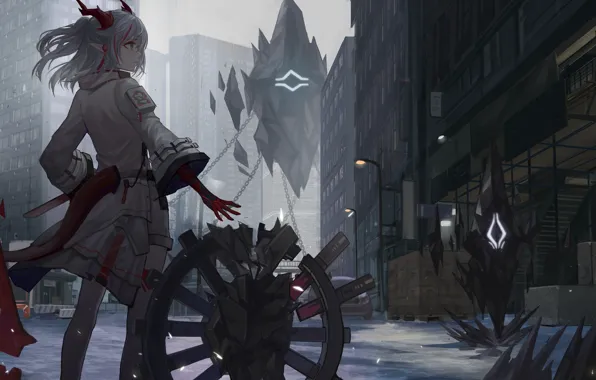 Девушка, город, фэнтези, Nian, Arknights