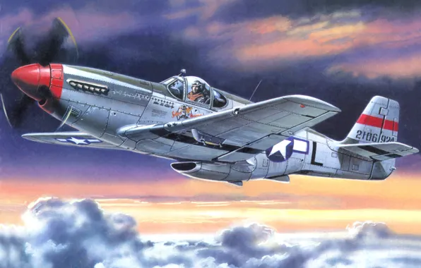 Небо, облака, самолет, рисунок, арт, американский, WW2, Р-51С