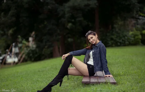 Трава, ножки, азиатка, милашка, asian, cutie, asian girls, летний день