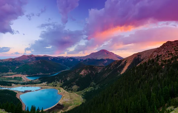Лес, небо, облака, закат, озера, США, штат Колорадо, гора Пайкс Пик