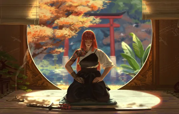 Картинка пруд, катана, Япония, медитация, тату, рыжая, бансай, японская одежда