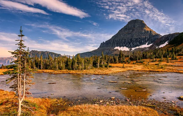 Осень, деревья, горы, камни, скалы, озера, Glacier National Park, Hidden Lake