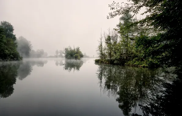 Пейзаж, туман, озеро, утро