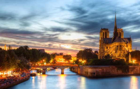 Картинка ночь, огни, река, Франция, Париж, Сена, собор, Нотр-Дам-де-Пари